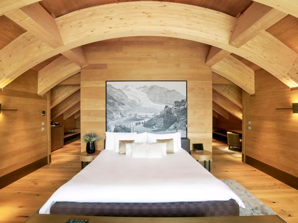 Luxury Resort Chedi Andermatt in Switzerland Furka Suite with Wood Beams