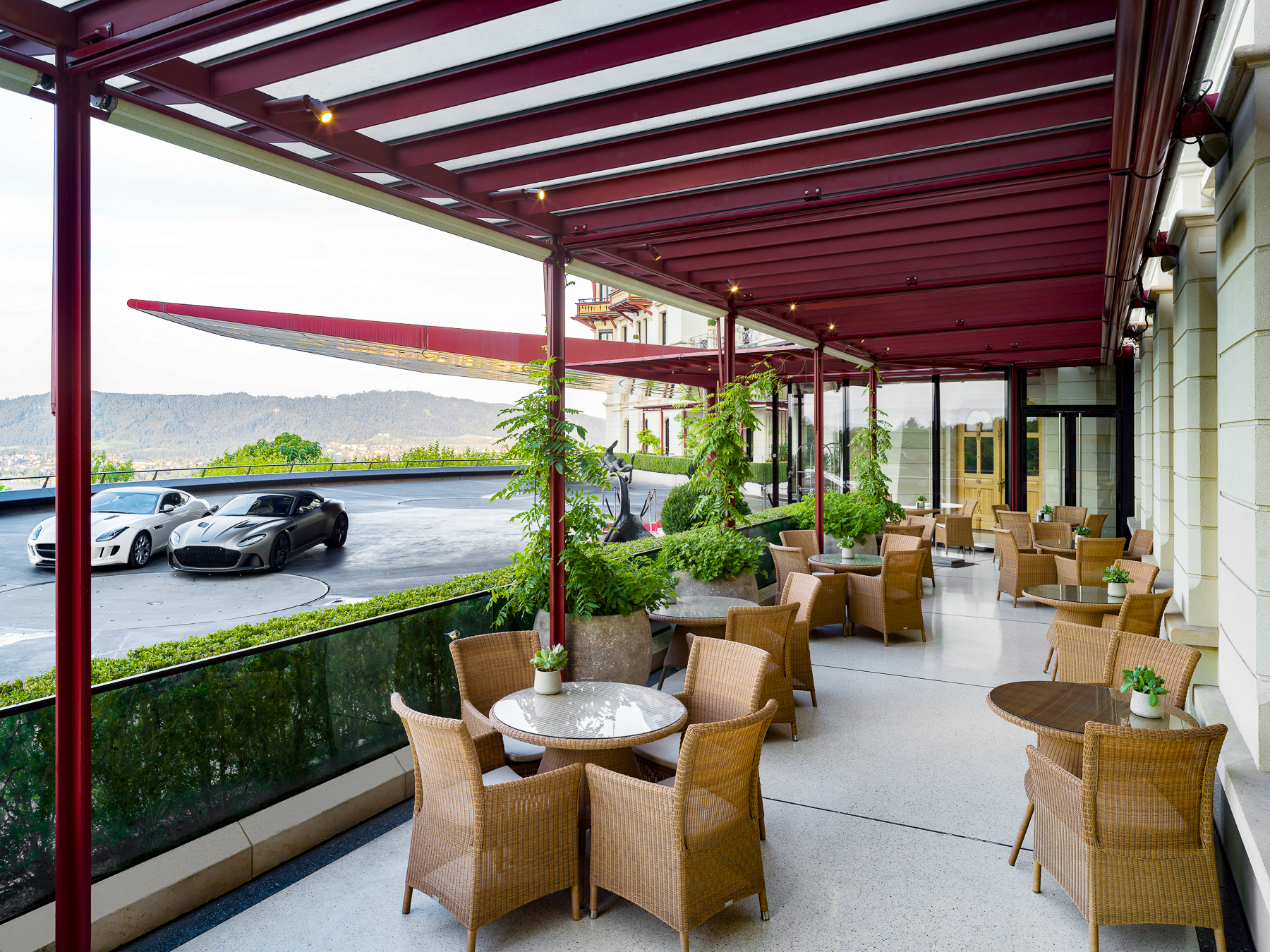 Lobby terrace at the front of the Dolder Grand luxury hotel in Zurich