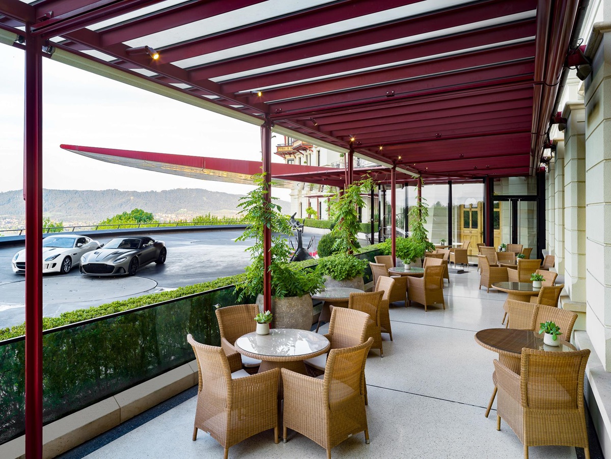 Lobby terrace at the front of the Dolder Grand luxury hotel in Zurich