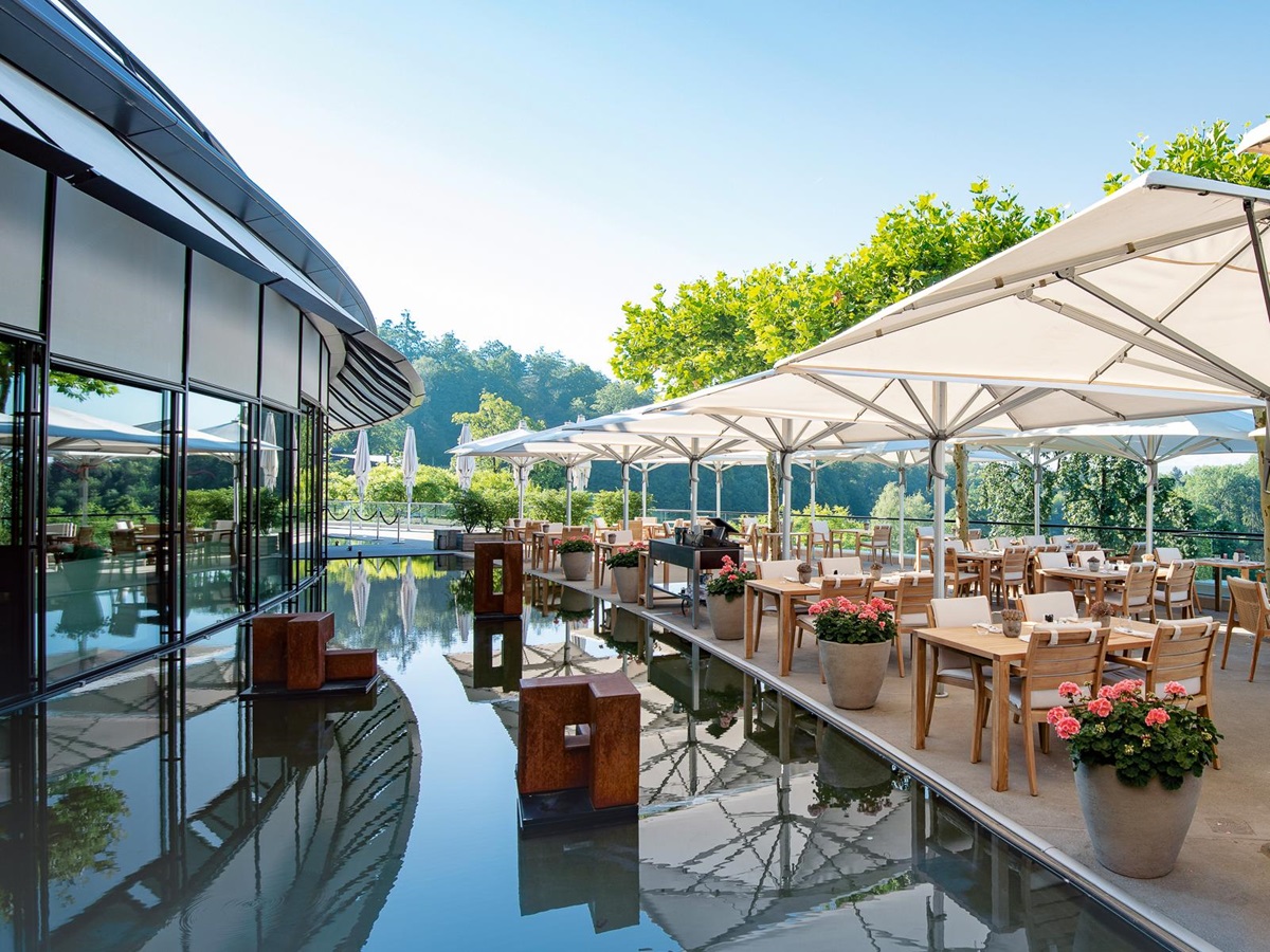 Outdoor restaurant at the Dolder Grand luxury hotel in Zurich