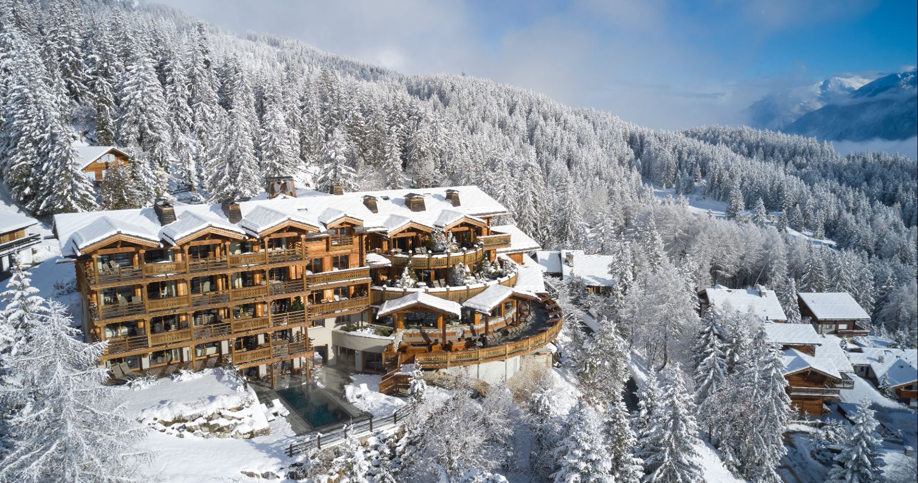 Exterior view of Le Crans in Switzerland during winter