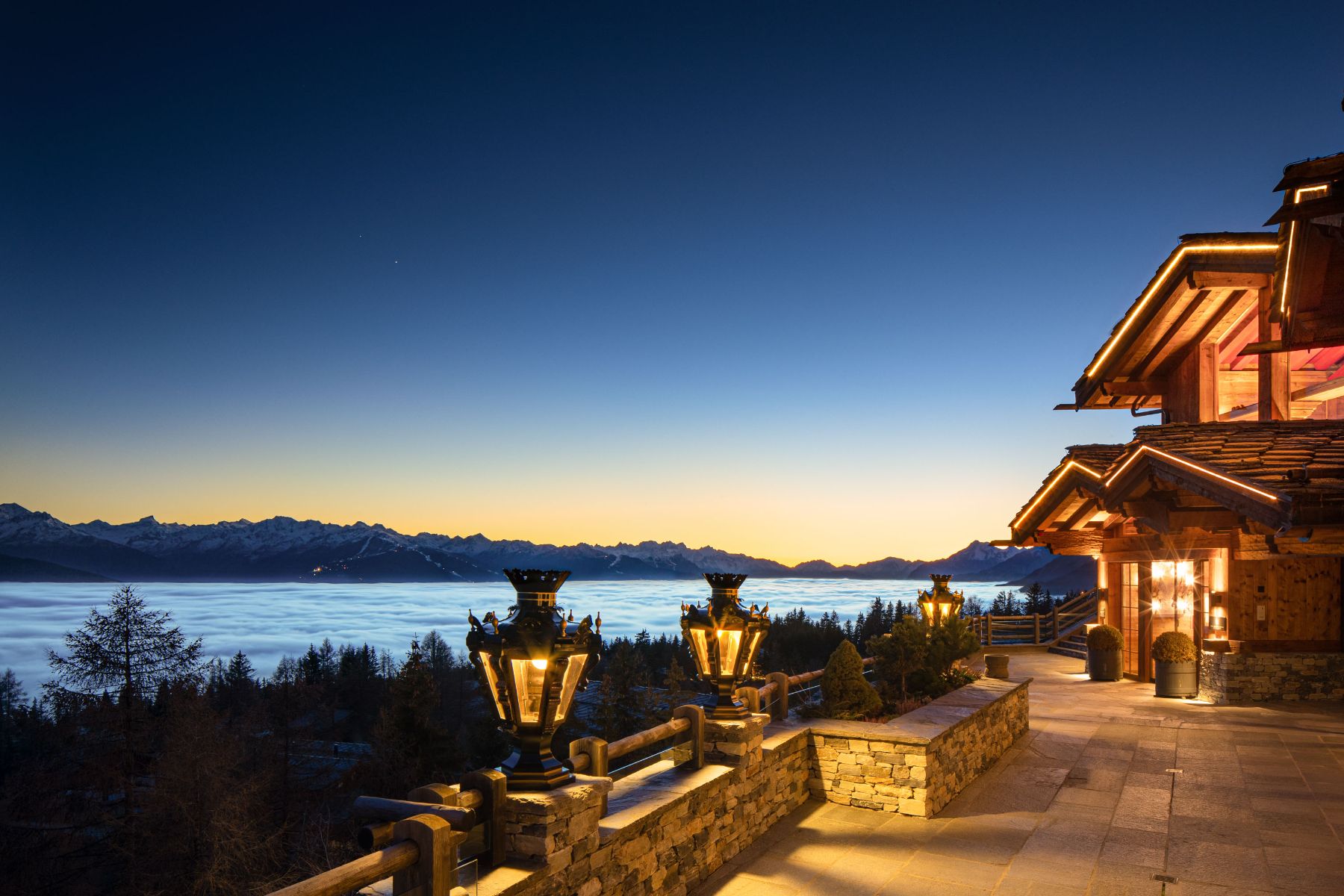 Exterior view of Le Crans in Switzerland at night