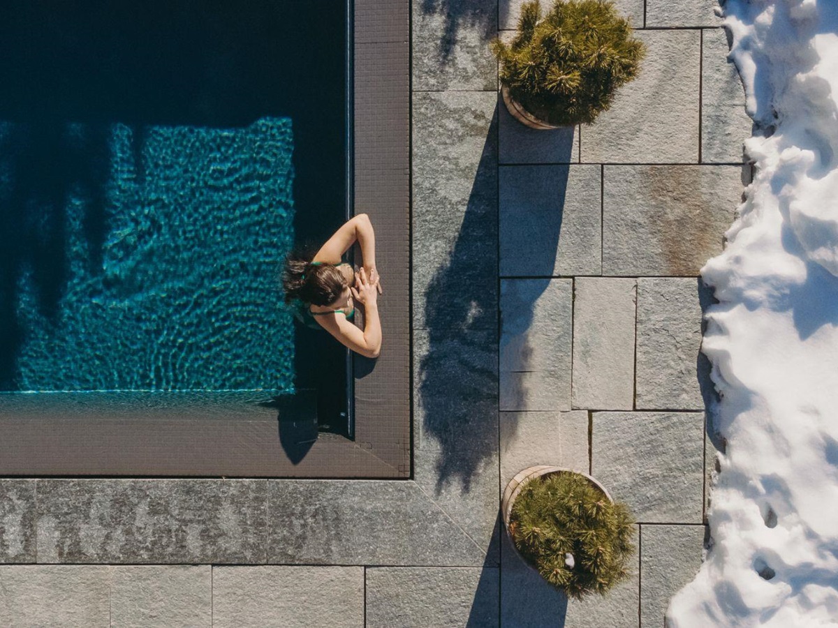 Aerial view of the swimming pool at Le Crans in Switzerland