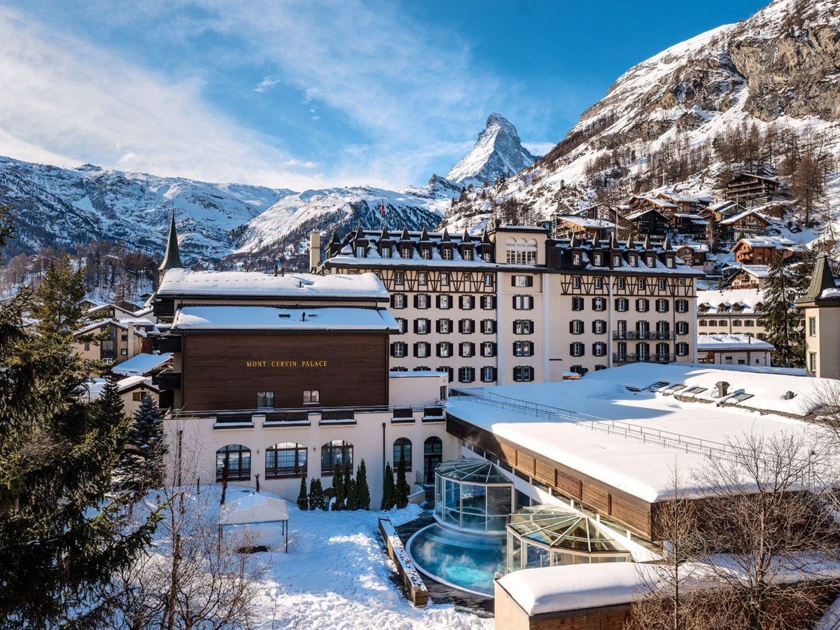Exterior view of Mont Cervin Palace in Zermatt in winter
