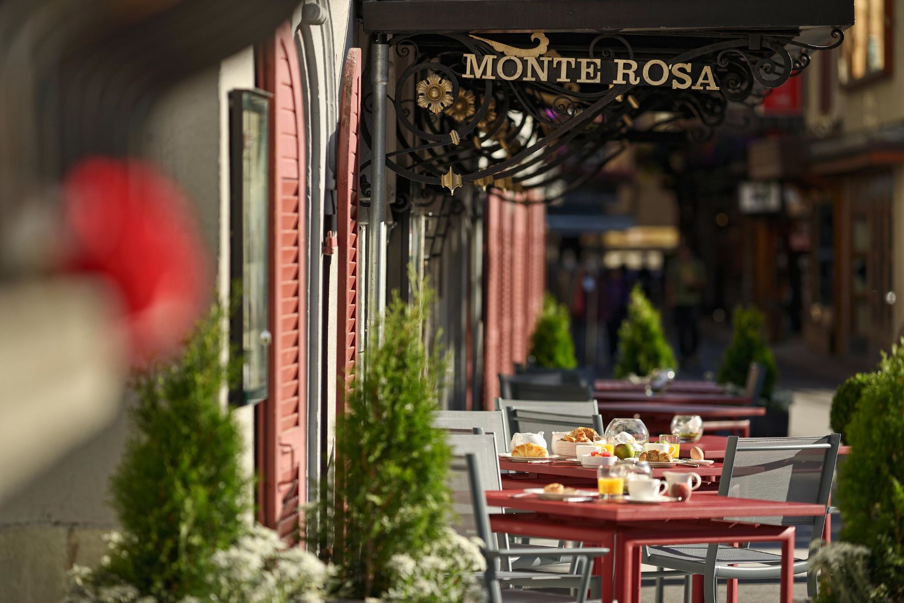 Exterior seating area outside Monte Rosa in Zermatt