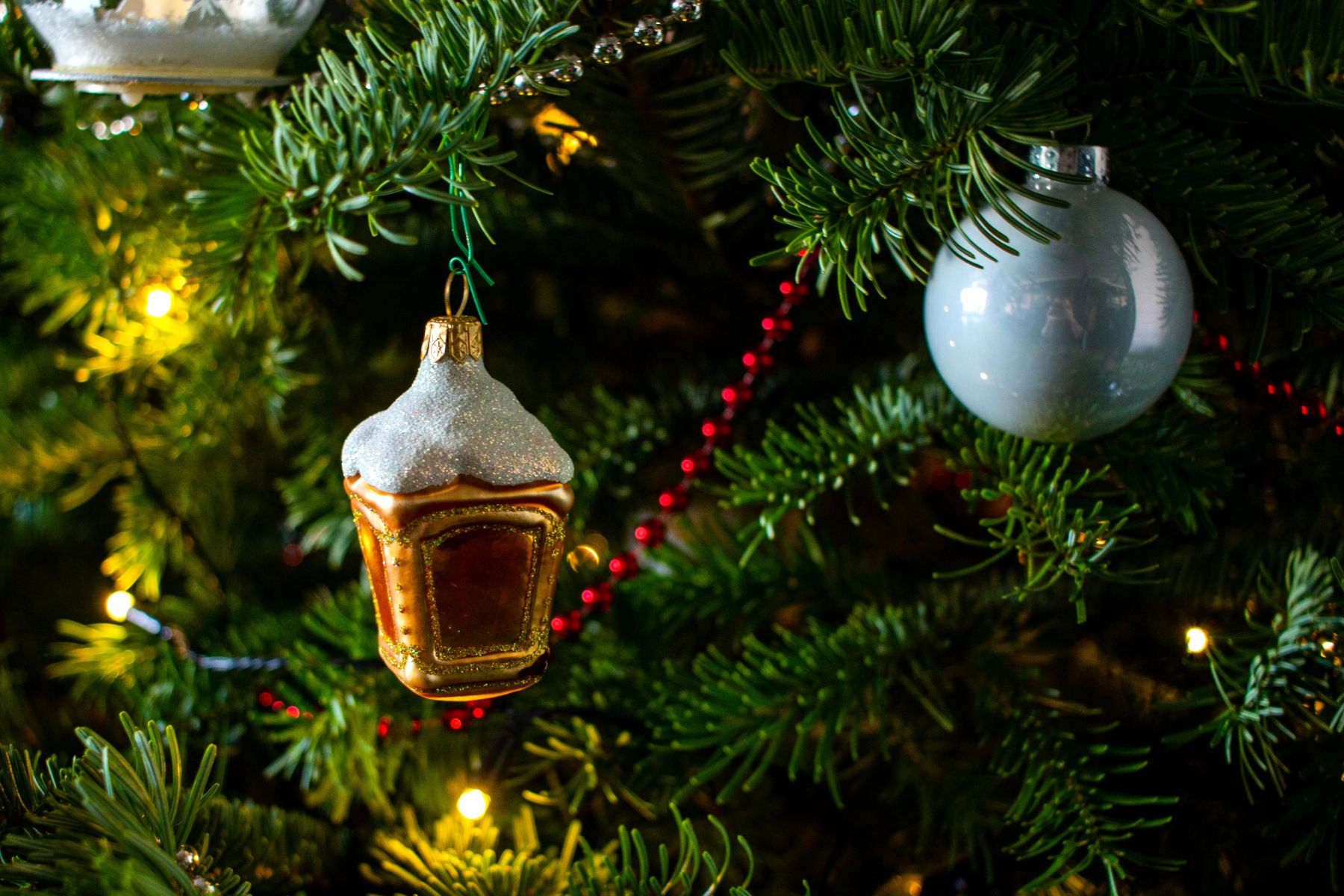 Close up of Christmas tree ornaments