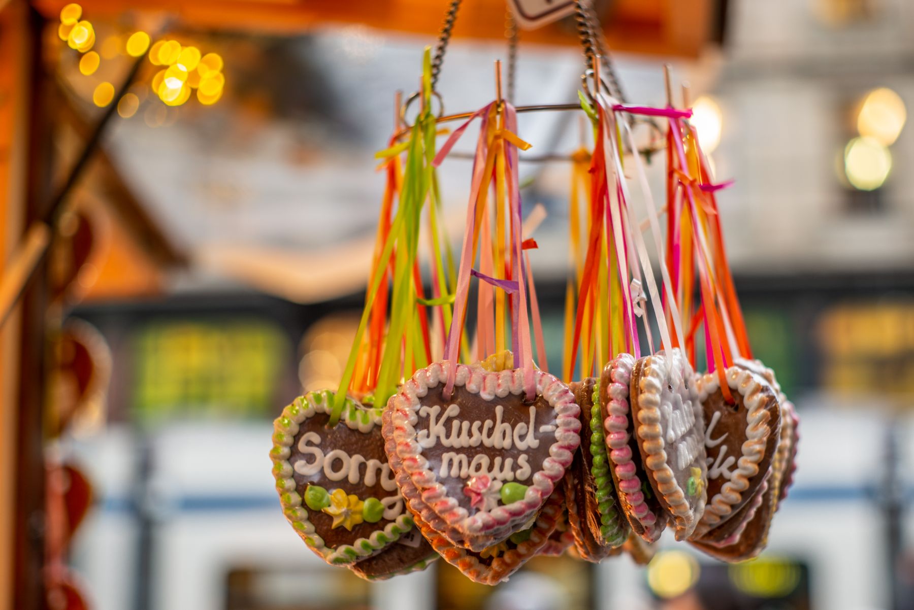 Swiss gingerbread hanging from a winter chalet