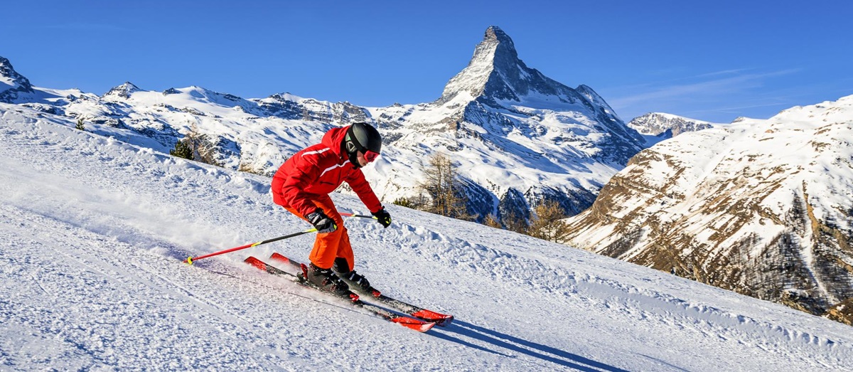 A skier on the slopes of the Matterhorn