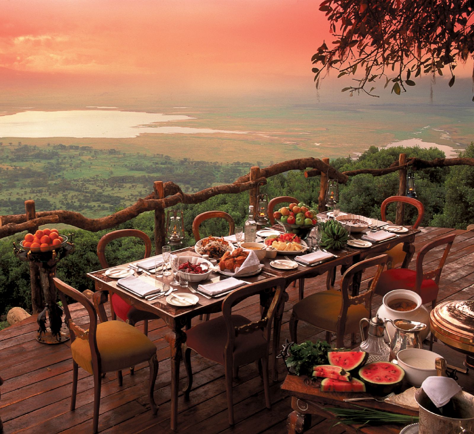 Sunrise over the dining deck at &beyond Ngorongoro Crater Lodge in Tanzania  