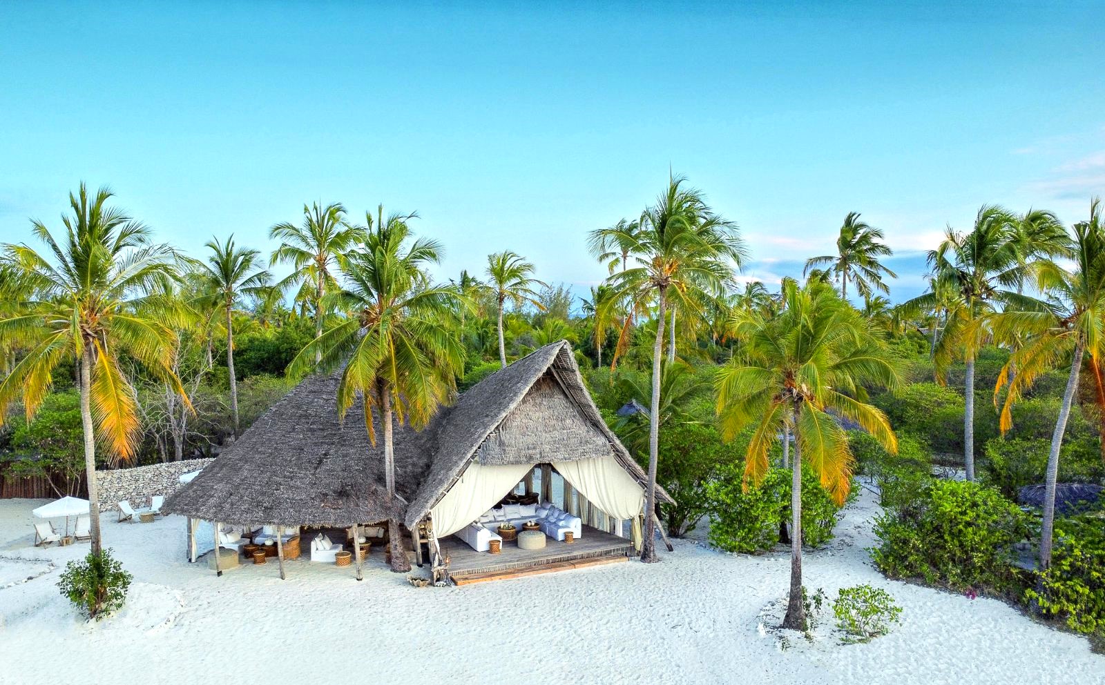 Exterior view of a beach villa at Fanjove Island in the Songo Songo archipelago in Tanzania