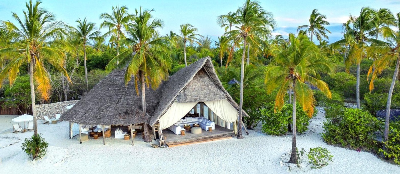 Exterior view of a beach villa at Fanjove Island in the Songo Songo archipelago in Tanzania