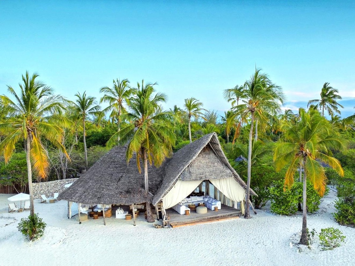 Exterior view of a beach villa at Fanjove Island in the Songo Songo archipelago in Tanzania