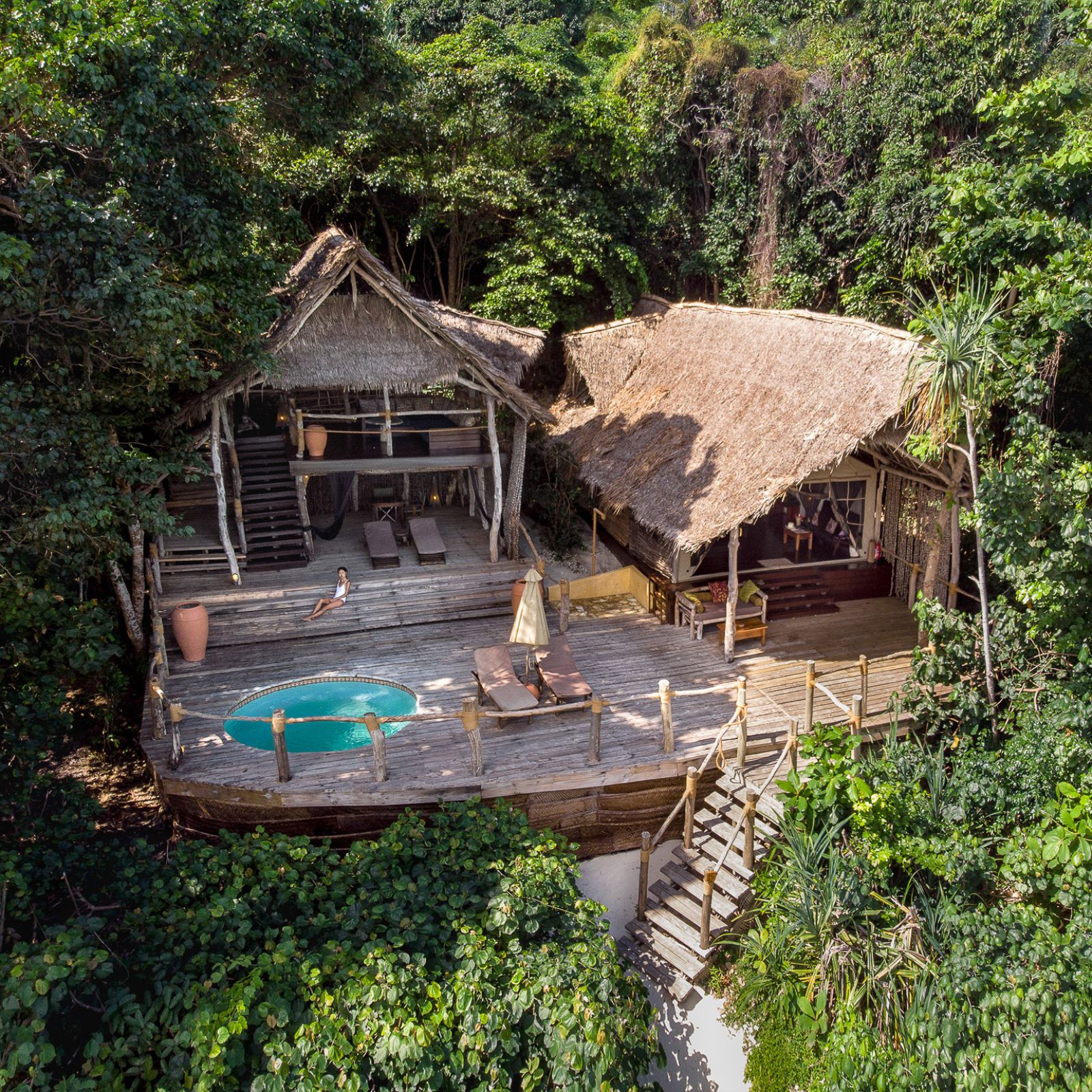 Aerial shot of a Superior Jungle Suite at luxury hotel Fundu Lagoon on Zanzibar