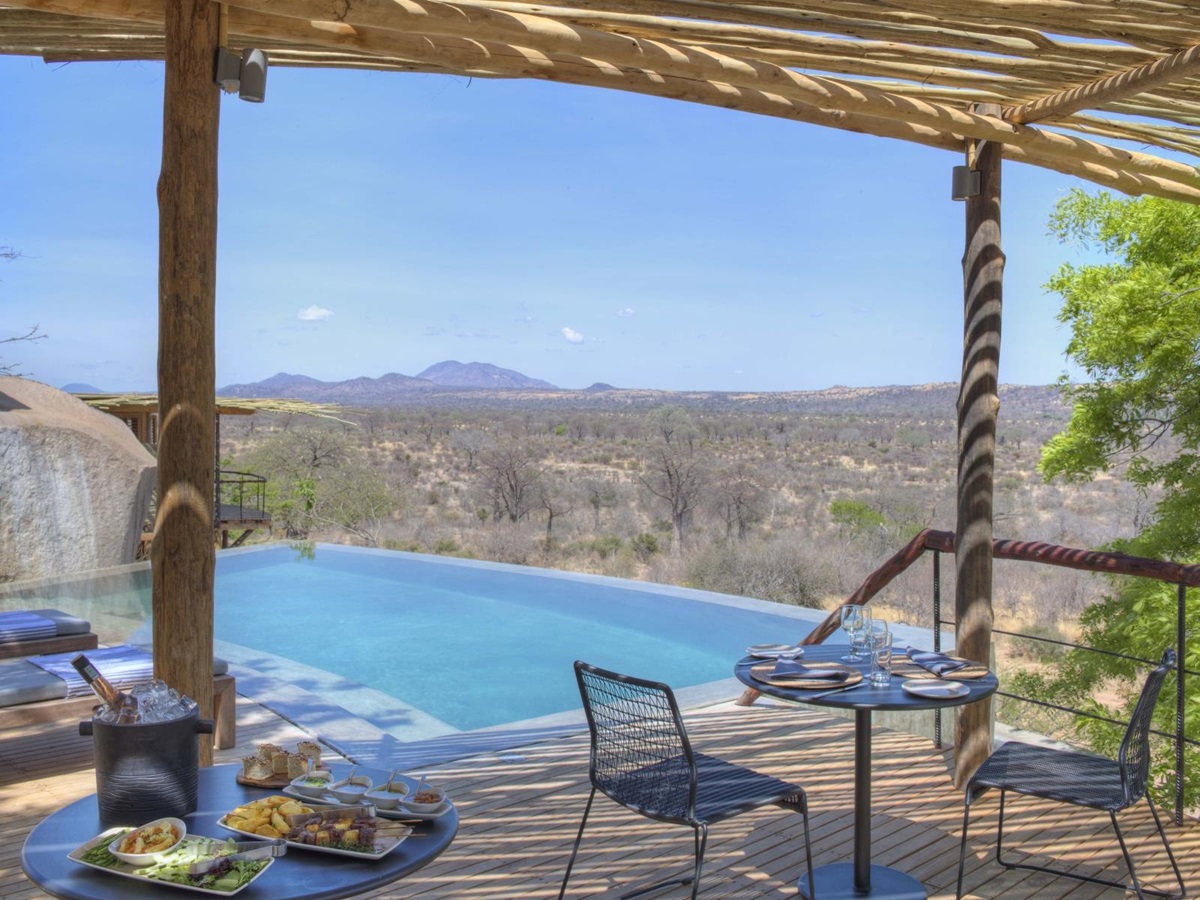 shaded seating area and infinity pool at Jabali Ridge