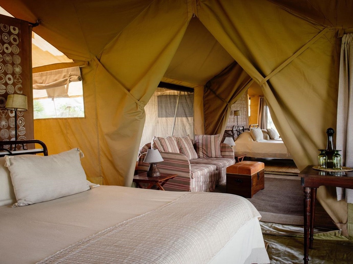 Family tent interior at Serengeti Safari Camp in Tanzania