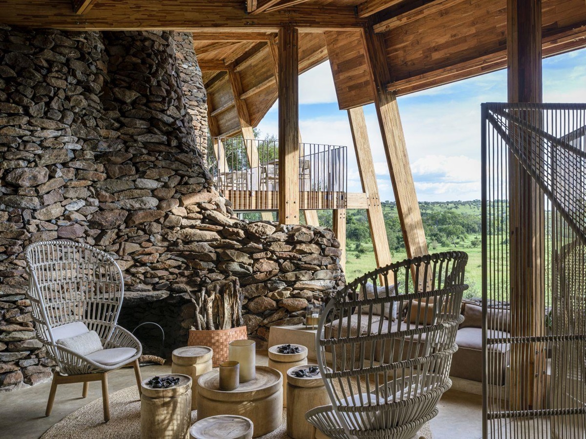 Sitting area and deck view at Singita Faru Faru Lodge in Tanzania