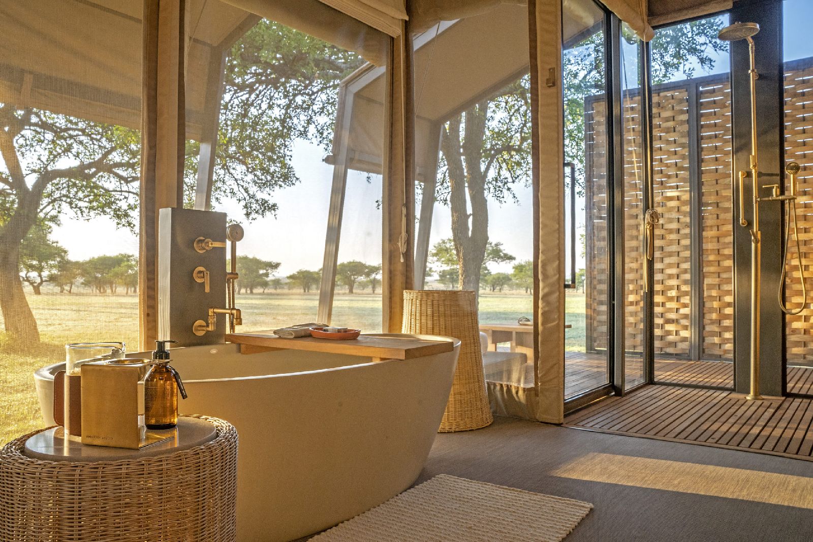 Freestanding tub in a tented suite at Singita Sabora Tented Camp in Tanzania