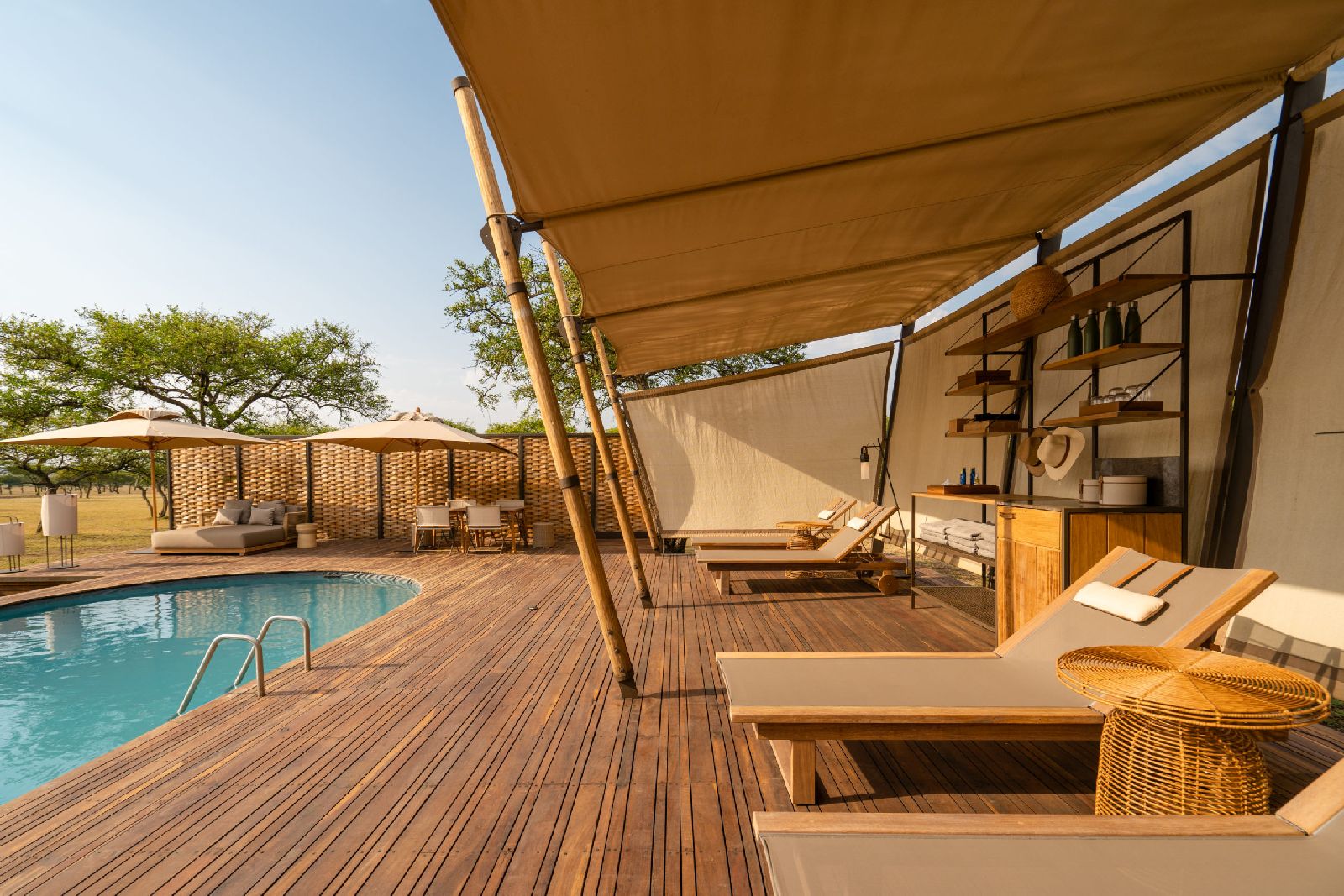 Pool terrace at Singita Sabora Tented Camp in Tanzania