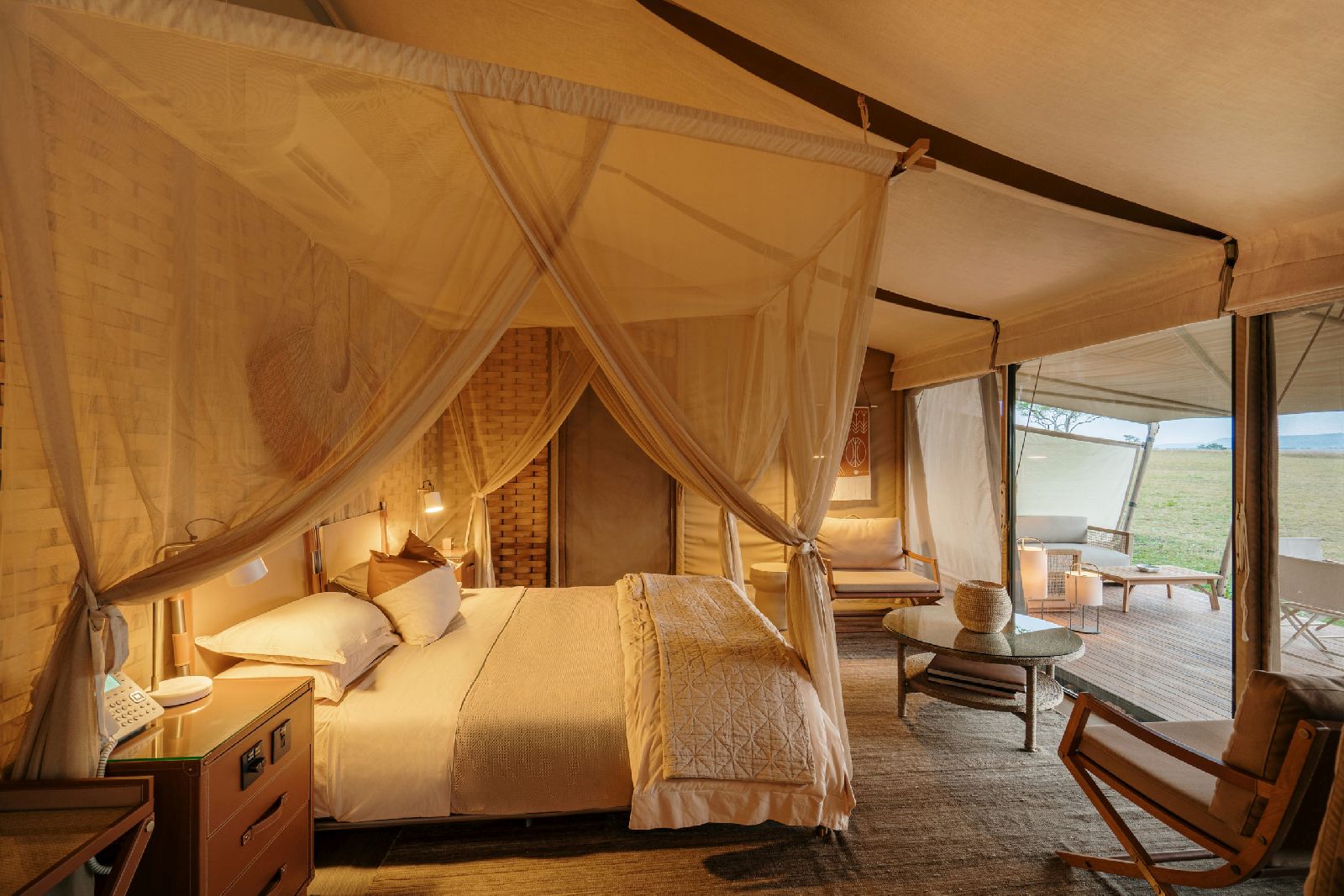 Interior of a luxury tent at Singita Sabora Tented Camp in Tanzania