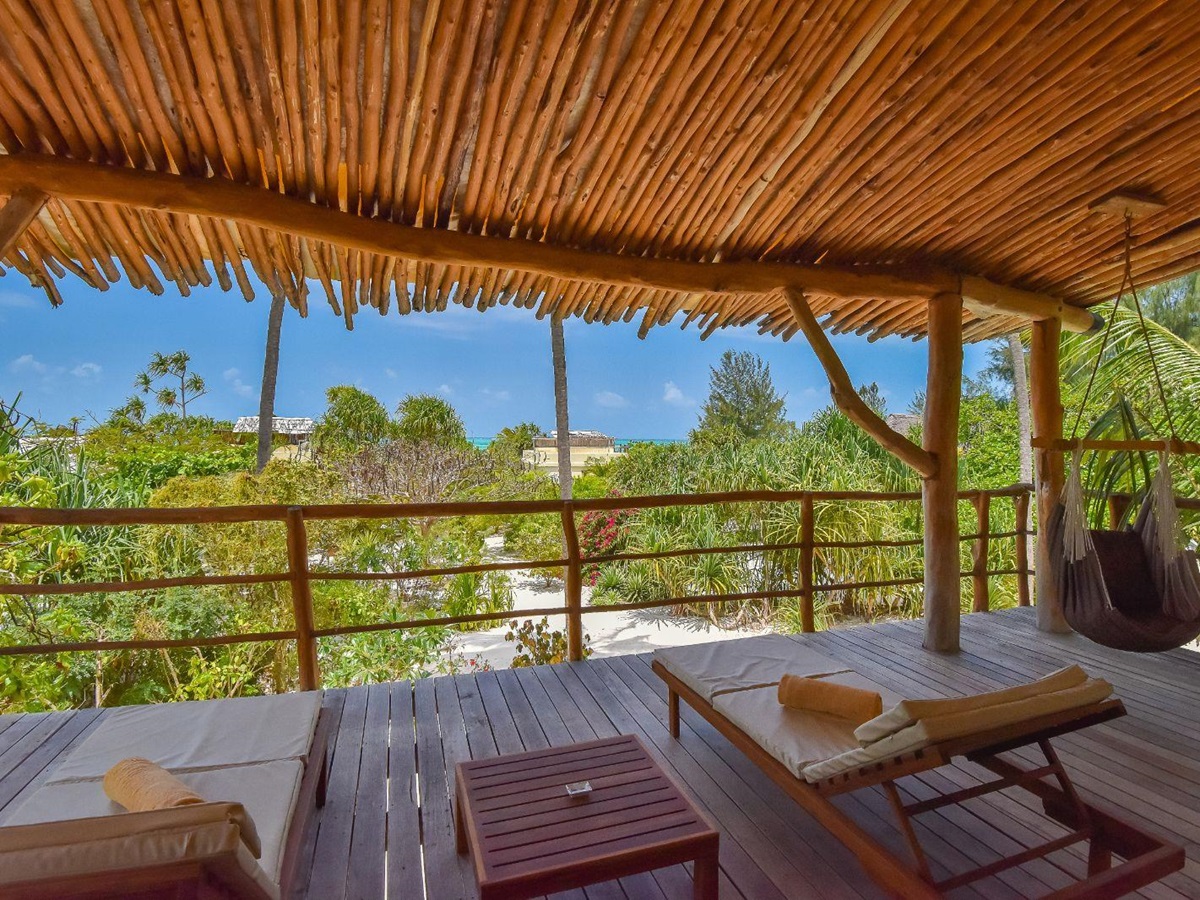 Terrace and sunbeds at White Sands resort in Zanzibar