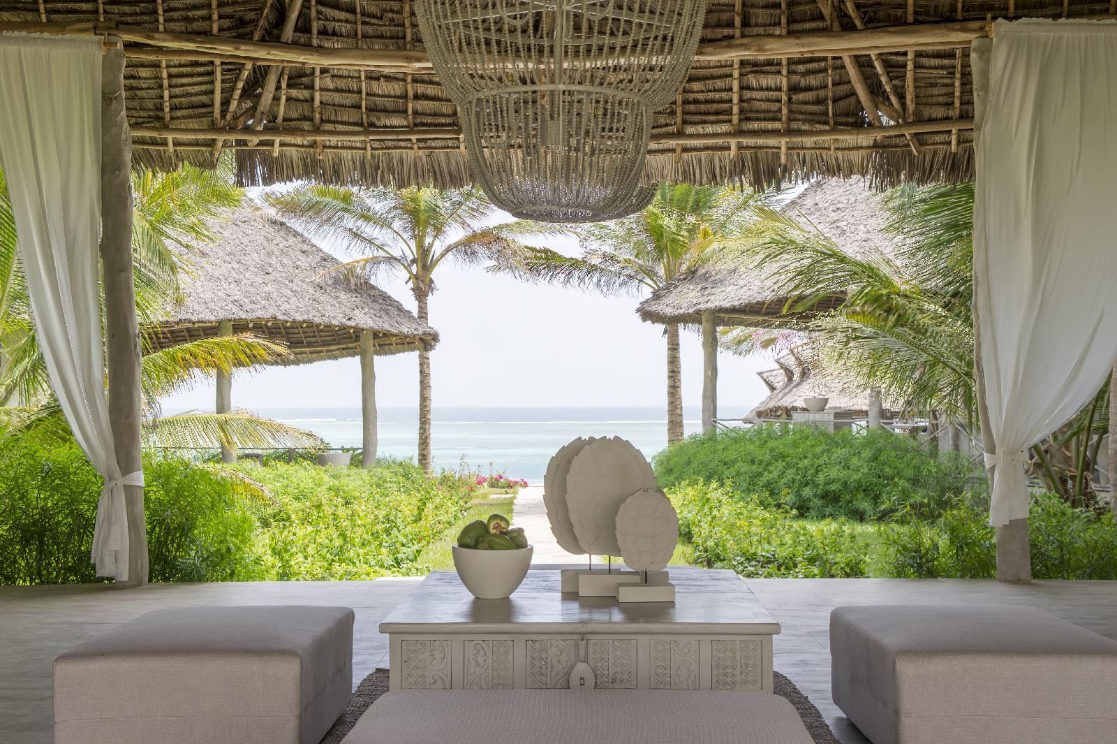 the reception with view over the ocean of the sun deck with a view over the beach at Zawadi, Tanzania