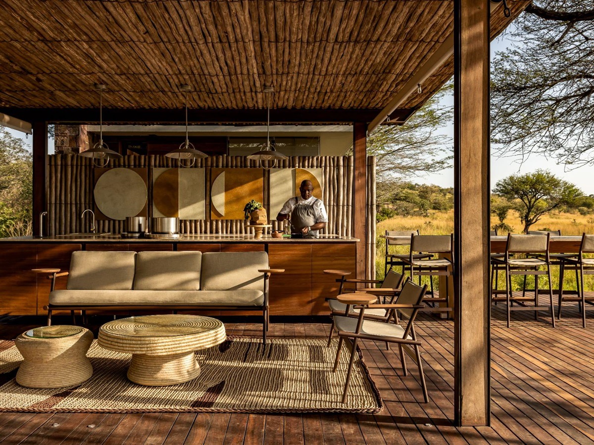 Bar and outdoor sala area at Singita Serengeti House in Tanzania