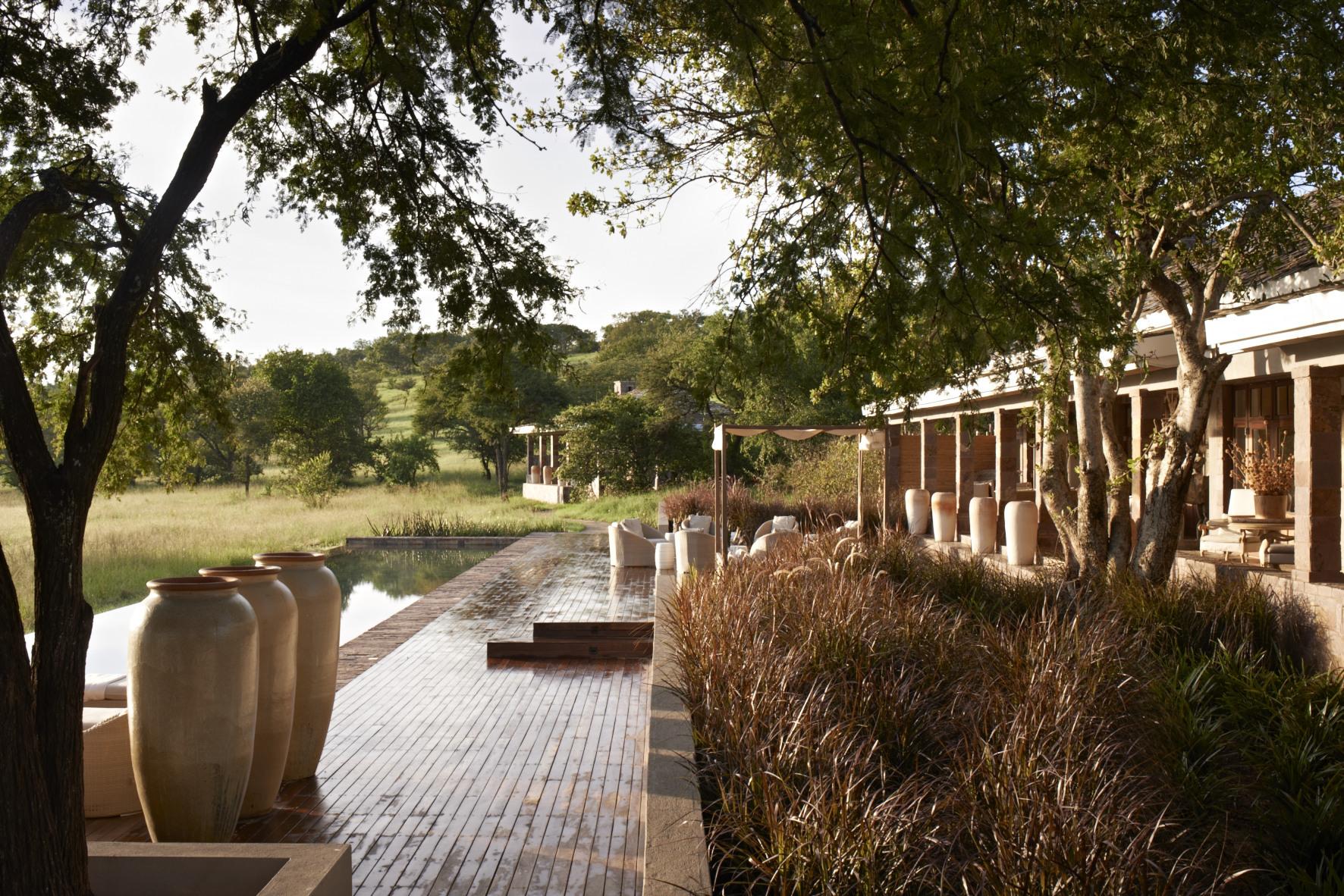 A view to the pool through the trees at Singita Seregeti House