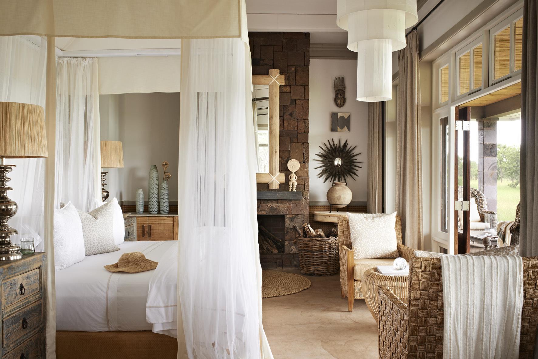The interiors of a bedroom at Singita Seregeti House