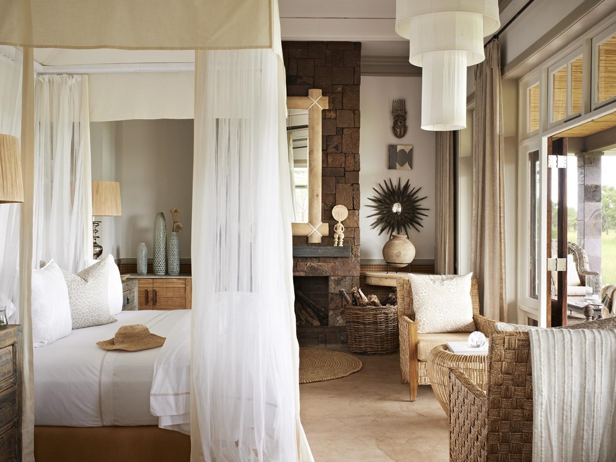 The interiors of a bedroom at Singita Seregeti House