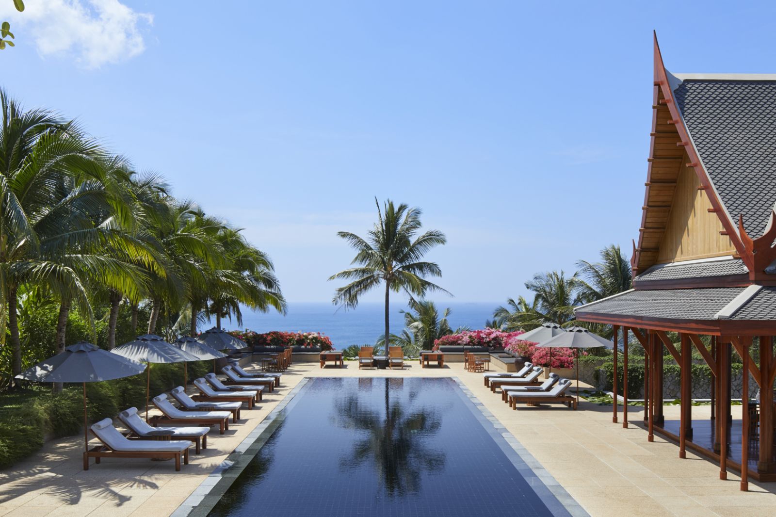 Outside terrace and pool area at luxury resort Amanpuri