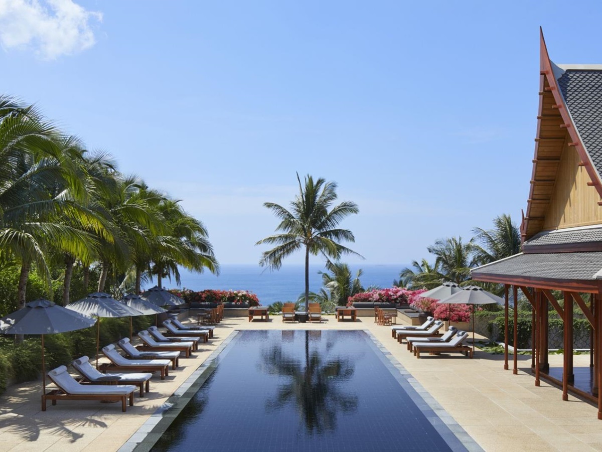 Outside terrace and pool area at luxury resort Amanpuri