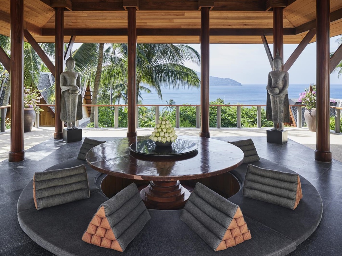Garden villa sala with cushioned seating at Amanpuri