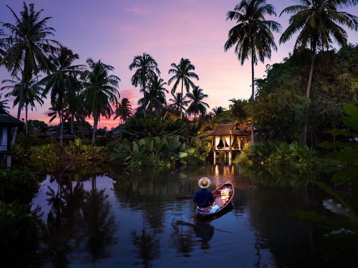 River at sunset on the grounds of Anantara Mai Khao Phuket Villas in Thailand