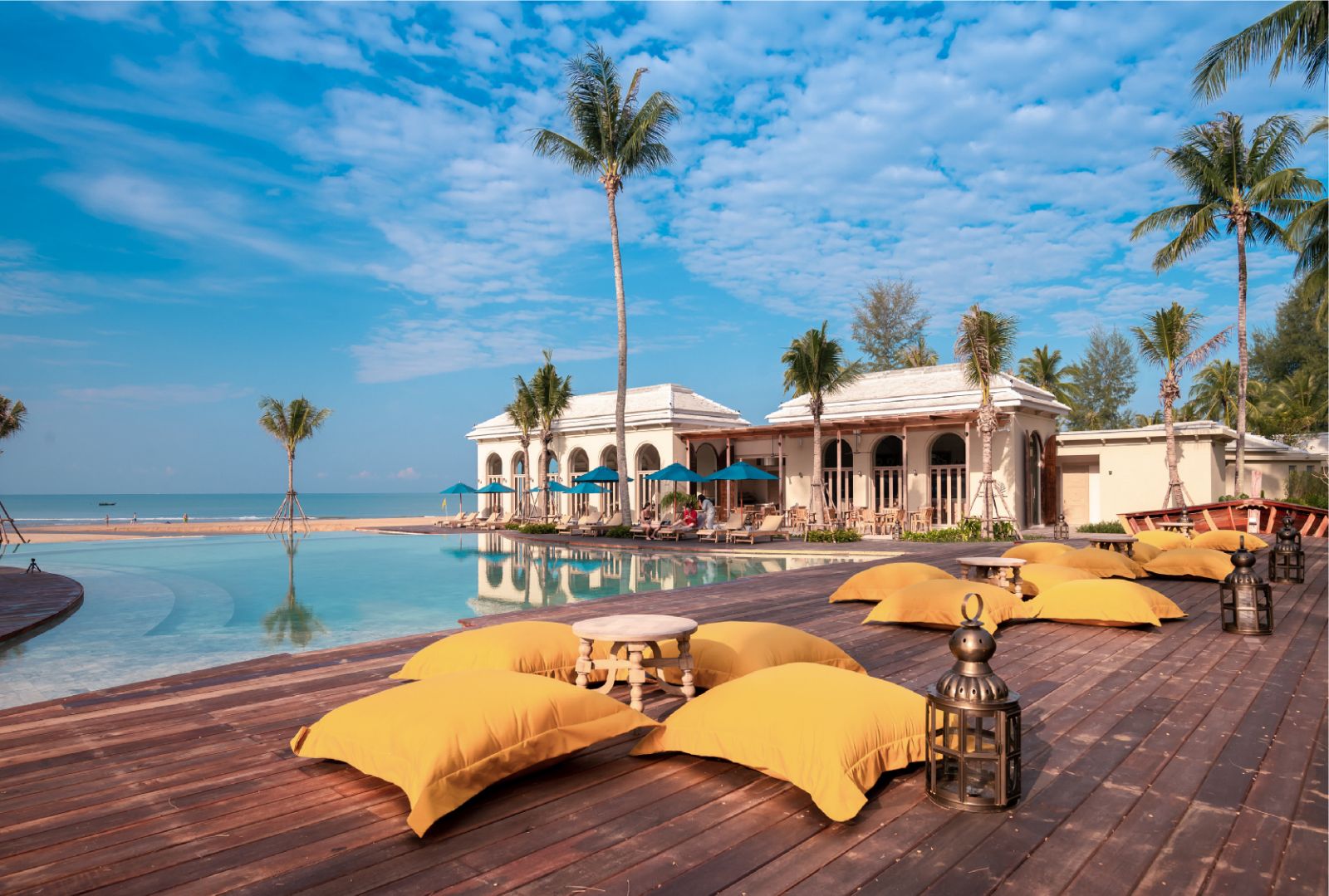 Main pool seating area at Devasom Khao Lak on the south coast of Thailand