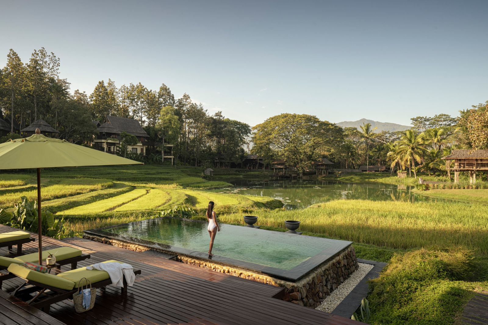 Lower pool area overlooking the rice terraces at luxury resort Four Seasons Chiang Mai