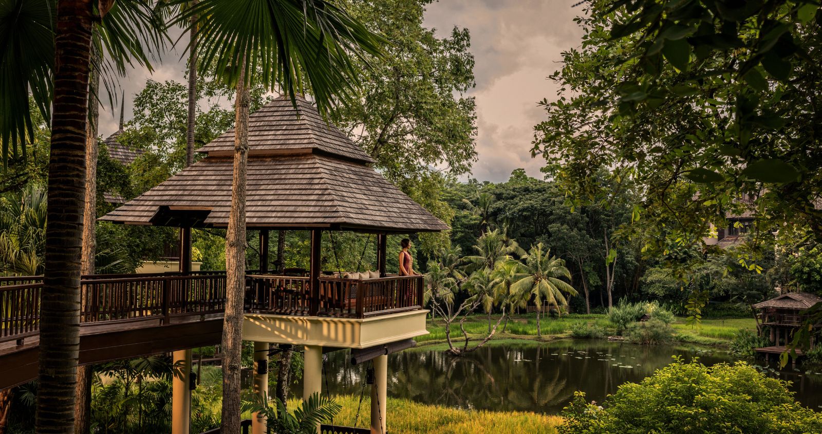 Private terrace in upper terrace rice pavilion at luxury resort Four Seasons Chiang Mai
