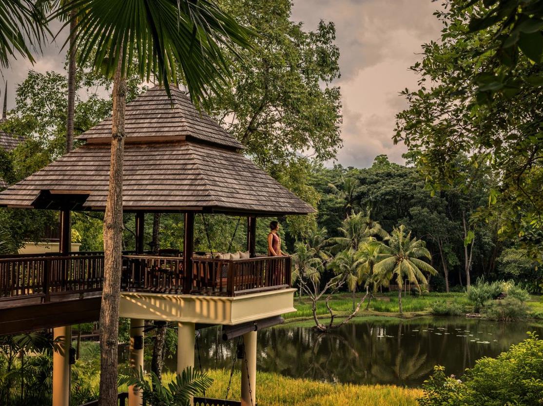 Private terrace in upper terrace rice pavilion at luxury resort Four Seasons Chiang Mai