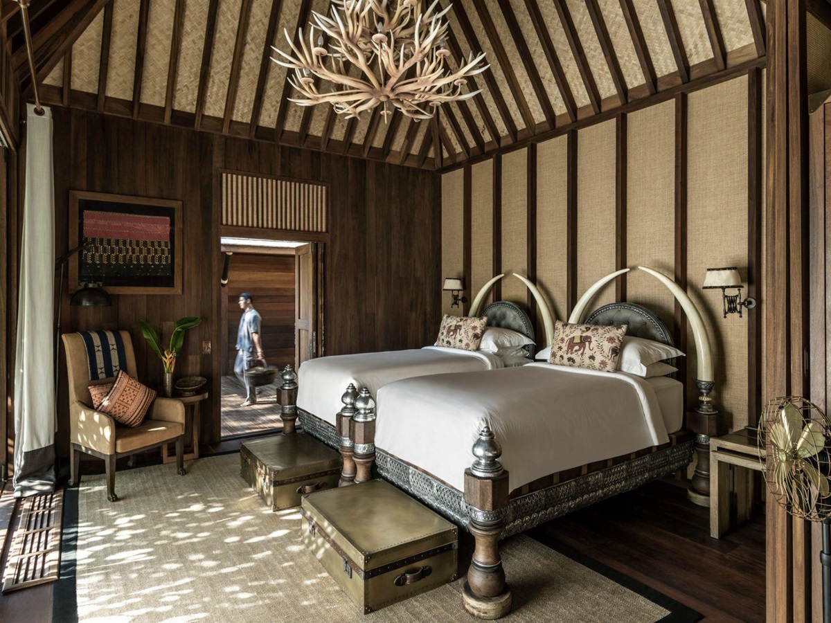 Twin bed guest room at Four Seasons Tented Camp Golden Triangle in Chiang Rai