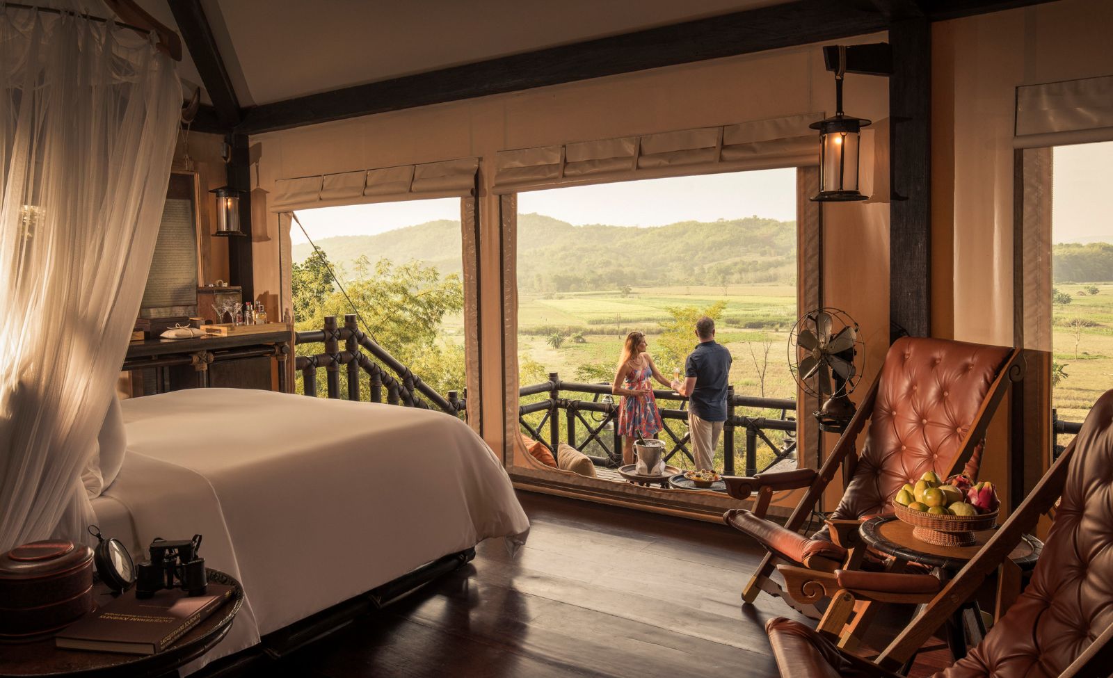 Guest tent bedroom at Four Seasons Tented Camp Golden Triangle in Chiang Rai