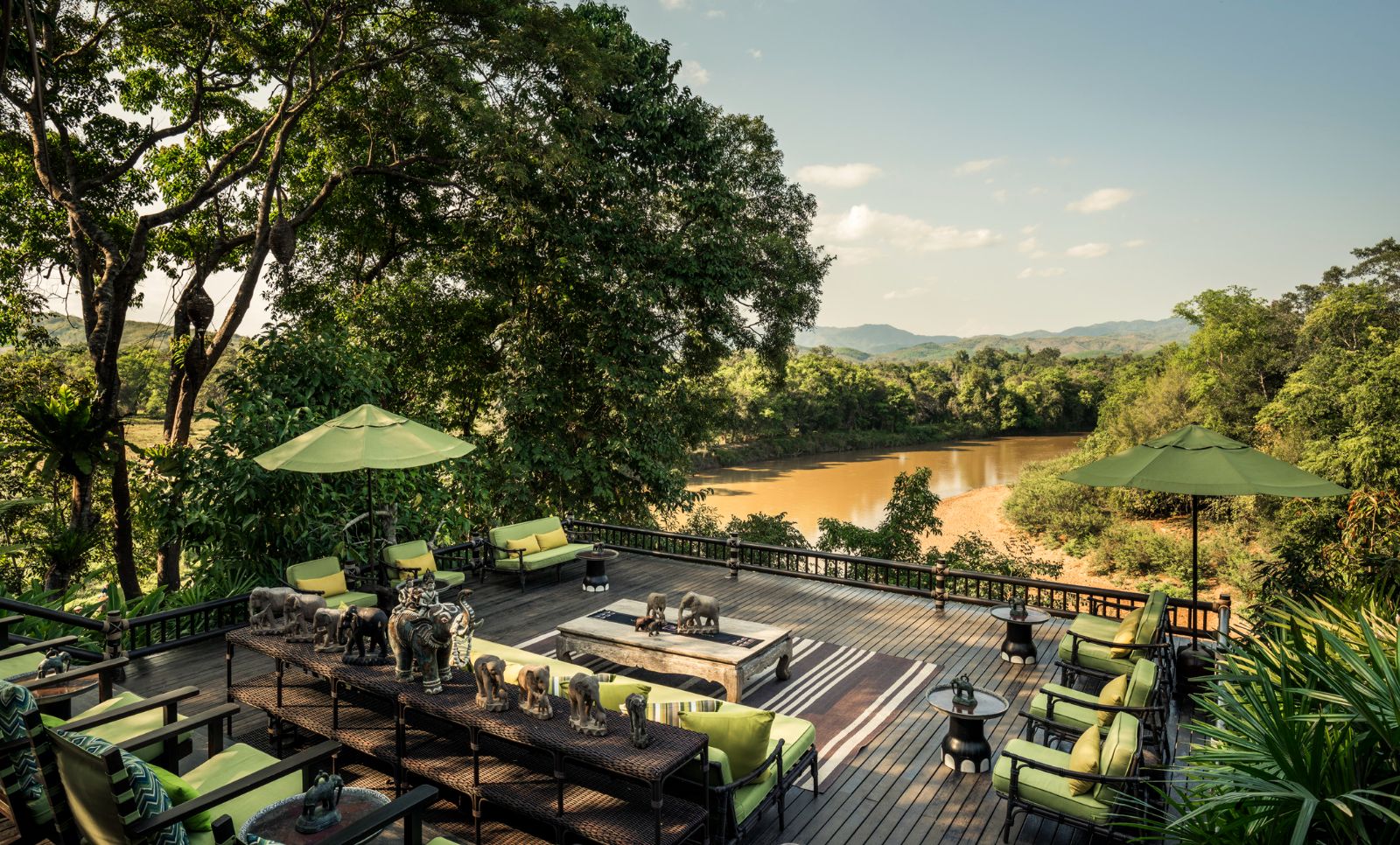 Outdoor lounge at Four Seasons Tented Camp Golden Triangle in Chiang Rai