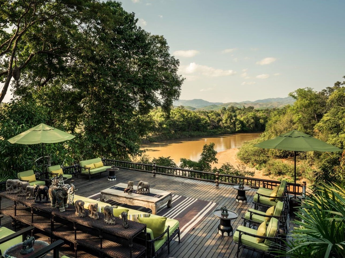 Outdoor lounge at Four Seasons Tented Camp Golden Triangle in Chiang Rai