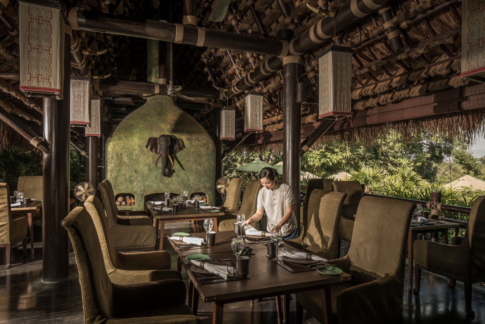 Restaurant at Four Seasons Tented Camp Golden Triangle in Chiang Rai