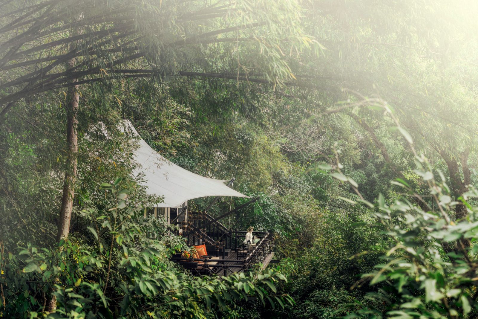 Exterior view of a guest tent at Four Seasons Tented Camp Golden Triangle in Chiang Rai