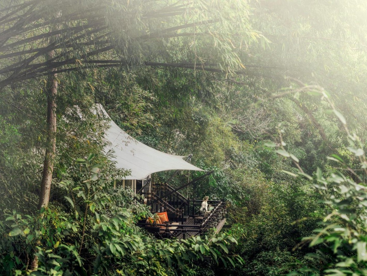 Exterior view of a guest tent at Four Seasons Tented Camp Golden Triangle in Chiang Rai