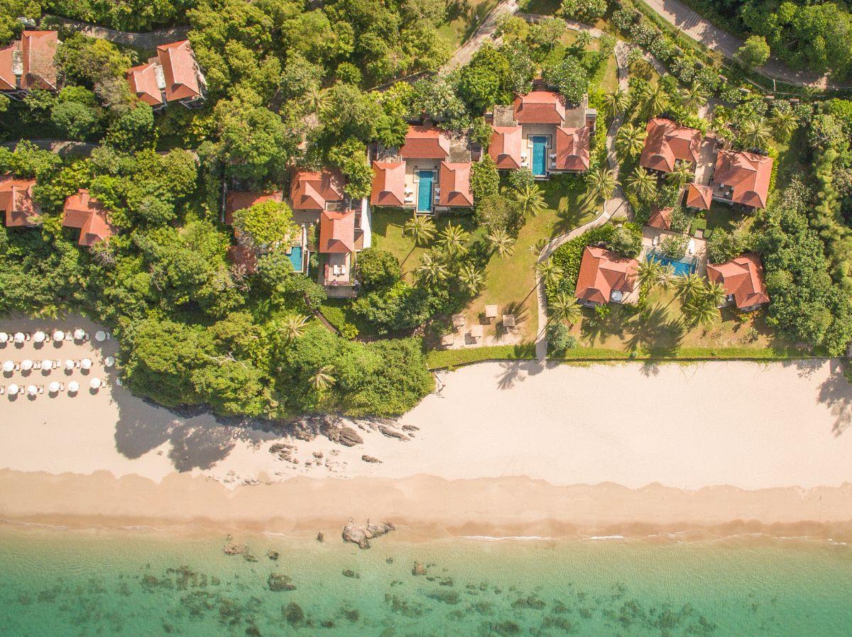 Aerial view of the beach and luxury resort Pimalai