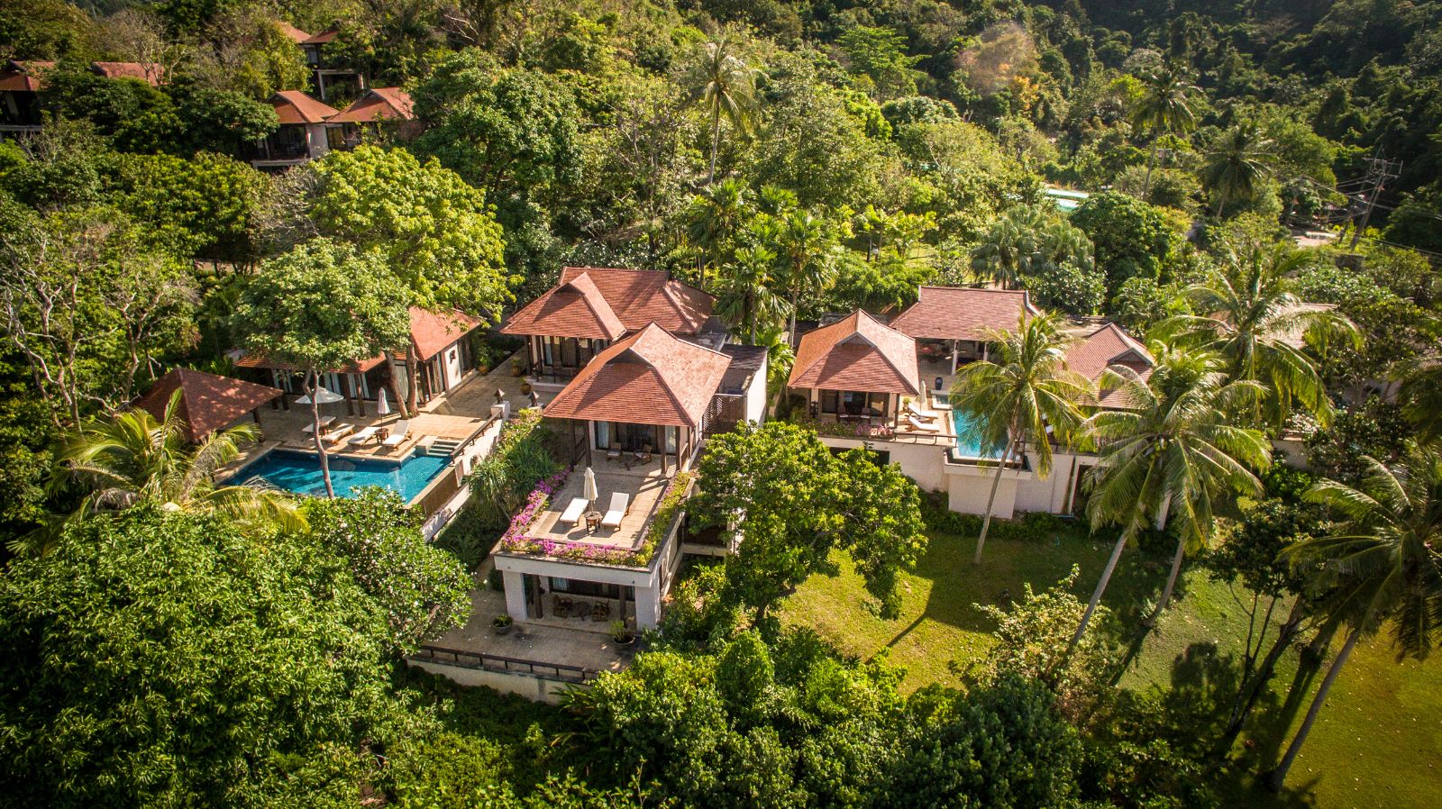 Aerial view of hillside villas at luxury resort Pimalai 