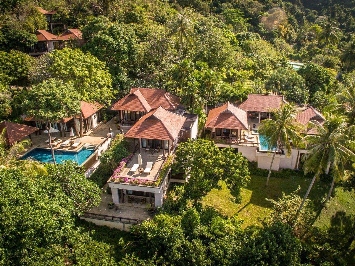 Aerial view of hillside villas at luxury resort Pimalai