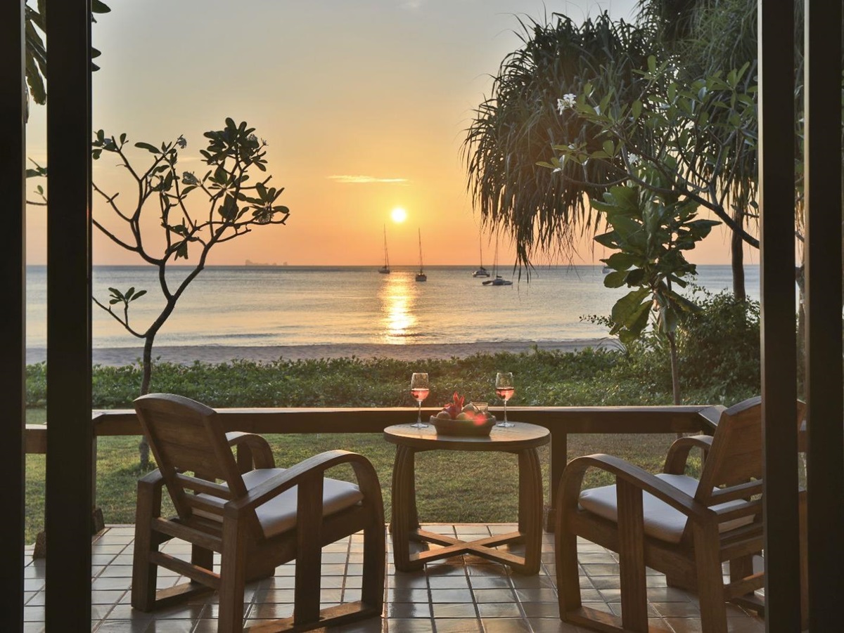 Beachside Villa Terrace at sunset looking out to the ocean at luxury resort Pimalai