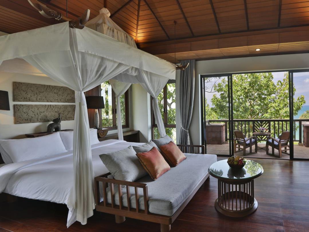 Hillside Ocean view private pool villa bedroom at luxury resort Pimalai