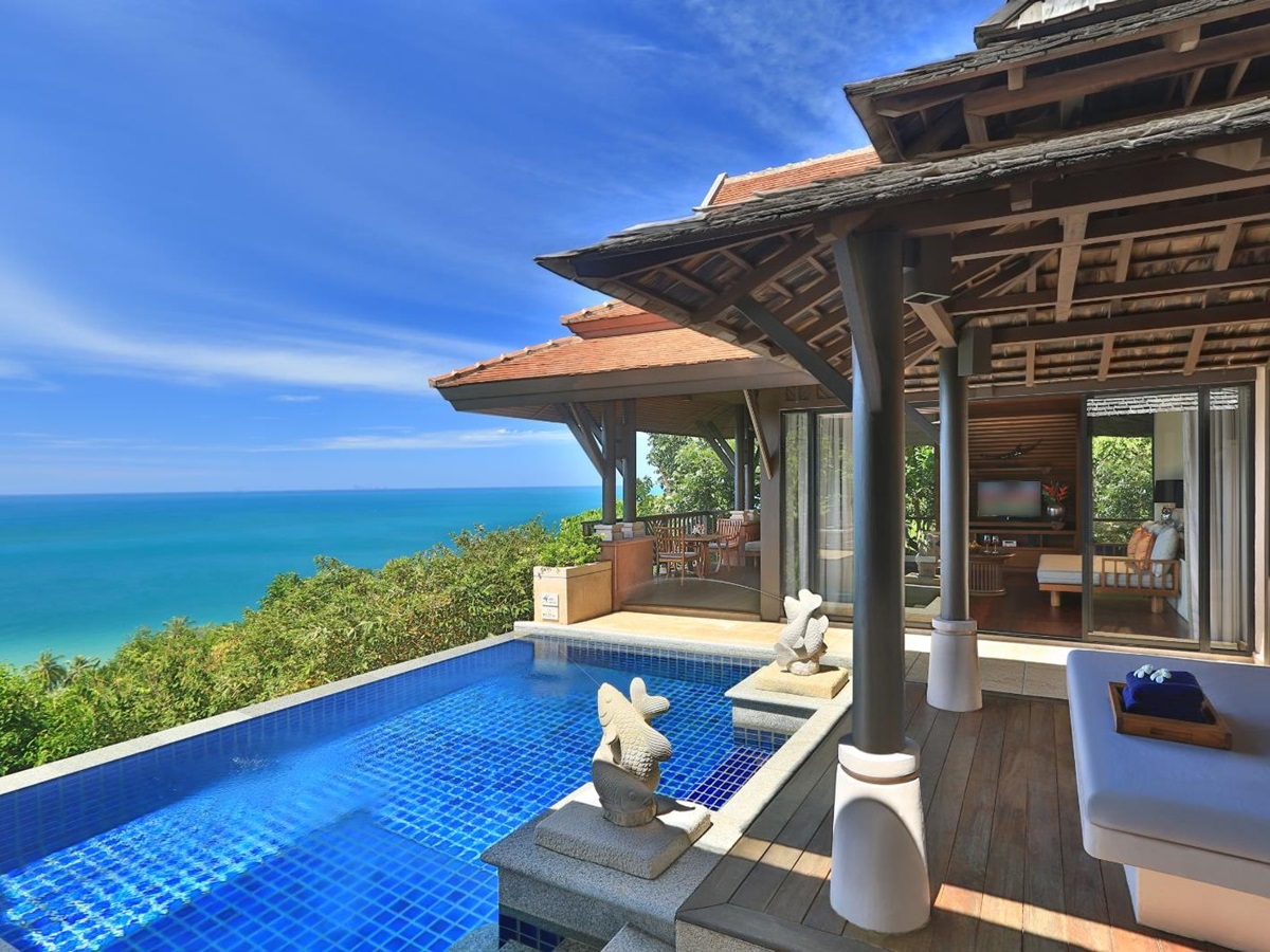 Outdoor pool in a hillside ocean view villa at luxury resort Pimalai